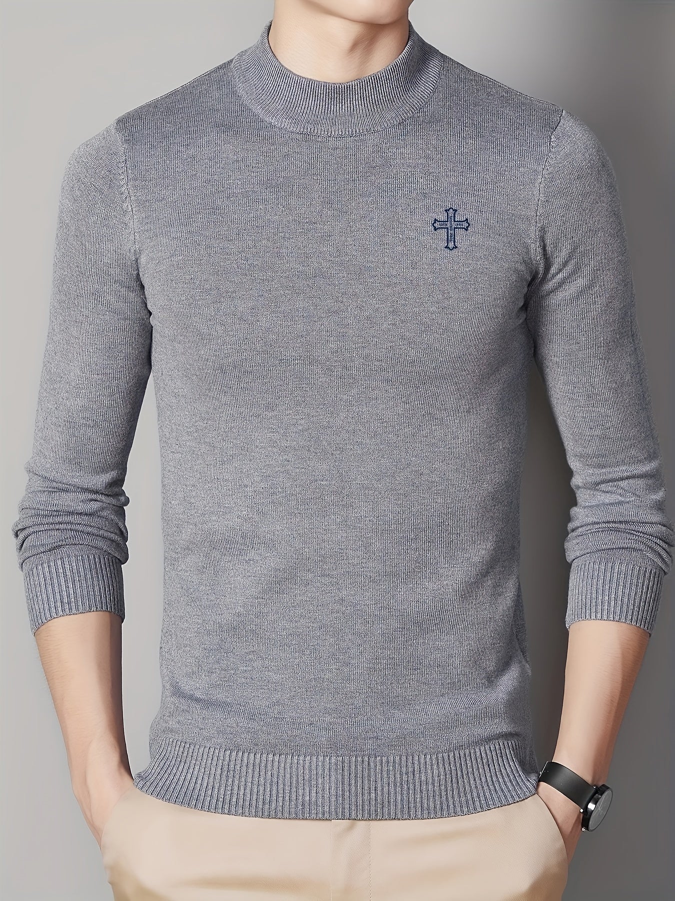 Men's Cross Pattern Knit Sweater Warm Pullover for Fall Winter