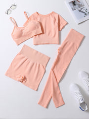 4Pcs Yoga Set High Stretch Crew Neck Crop Bra Tee Short Pants Sports Suit