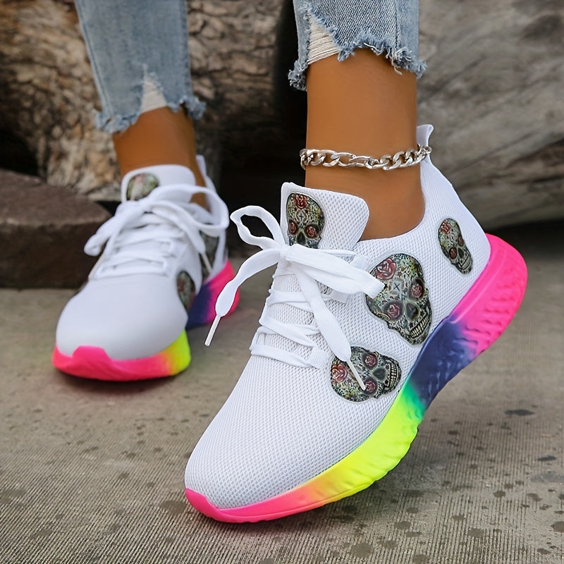 Women's Skull Pattern Sneakers Lace Up Low Top Mesh Shoes