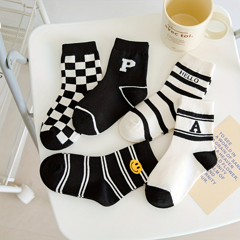 5 Pairs Kids Striped Crew Socks for Spring Autumn