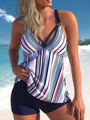 Vacay Tankini Set Women's Plus Stripe Print Cami Top & Shorts Swimsuit