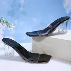 Women's Crystal Block Heeled Sandals Transparent Strap Dress Pumps