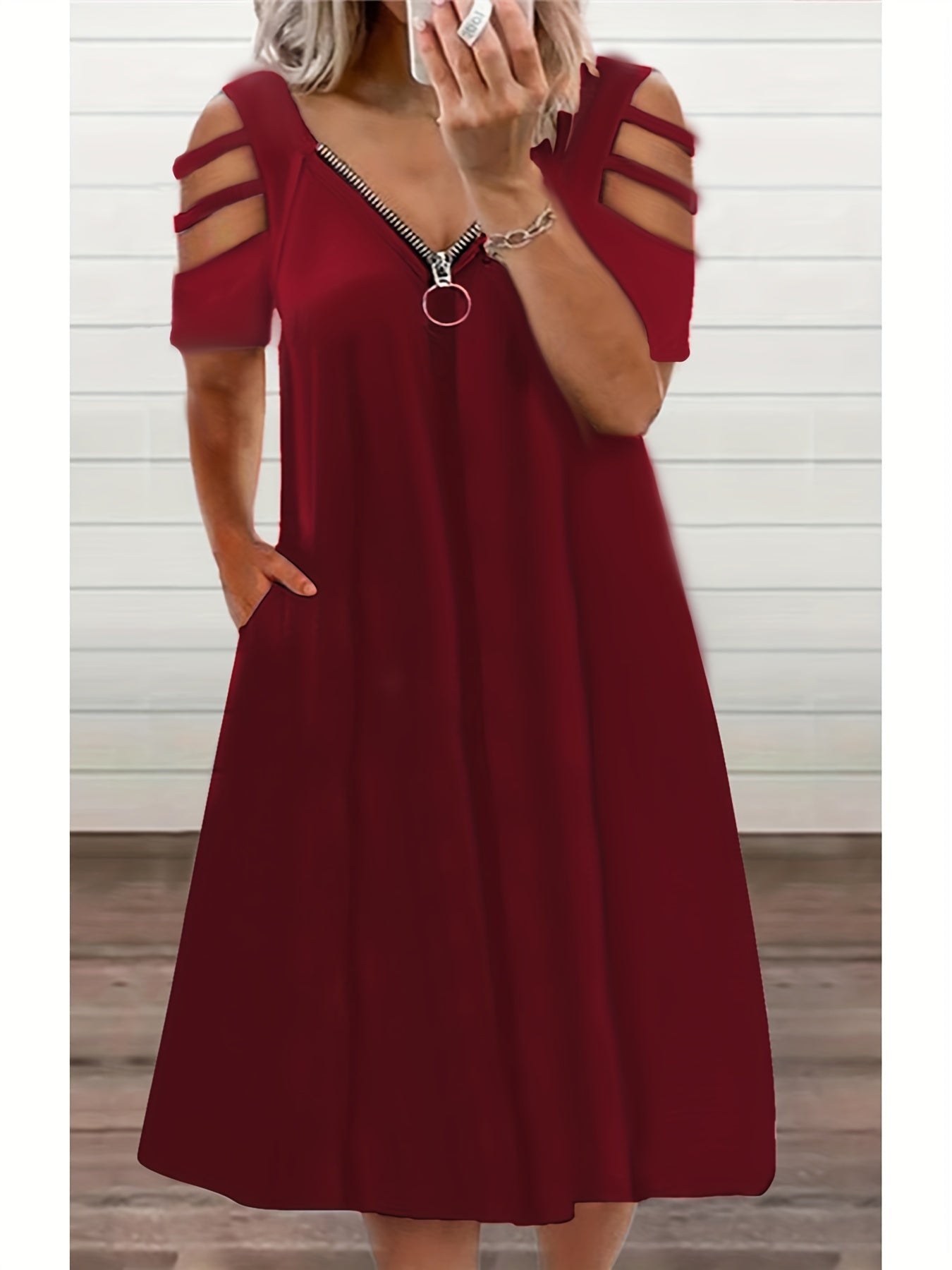 Solid Zipper Cut Out V Neck Dress With Pockets