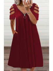 Solid Zipper Cut Out V Neck Dress With Pockets