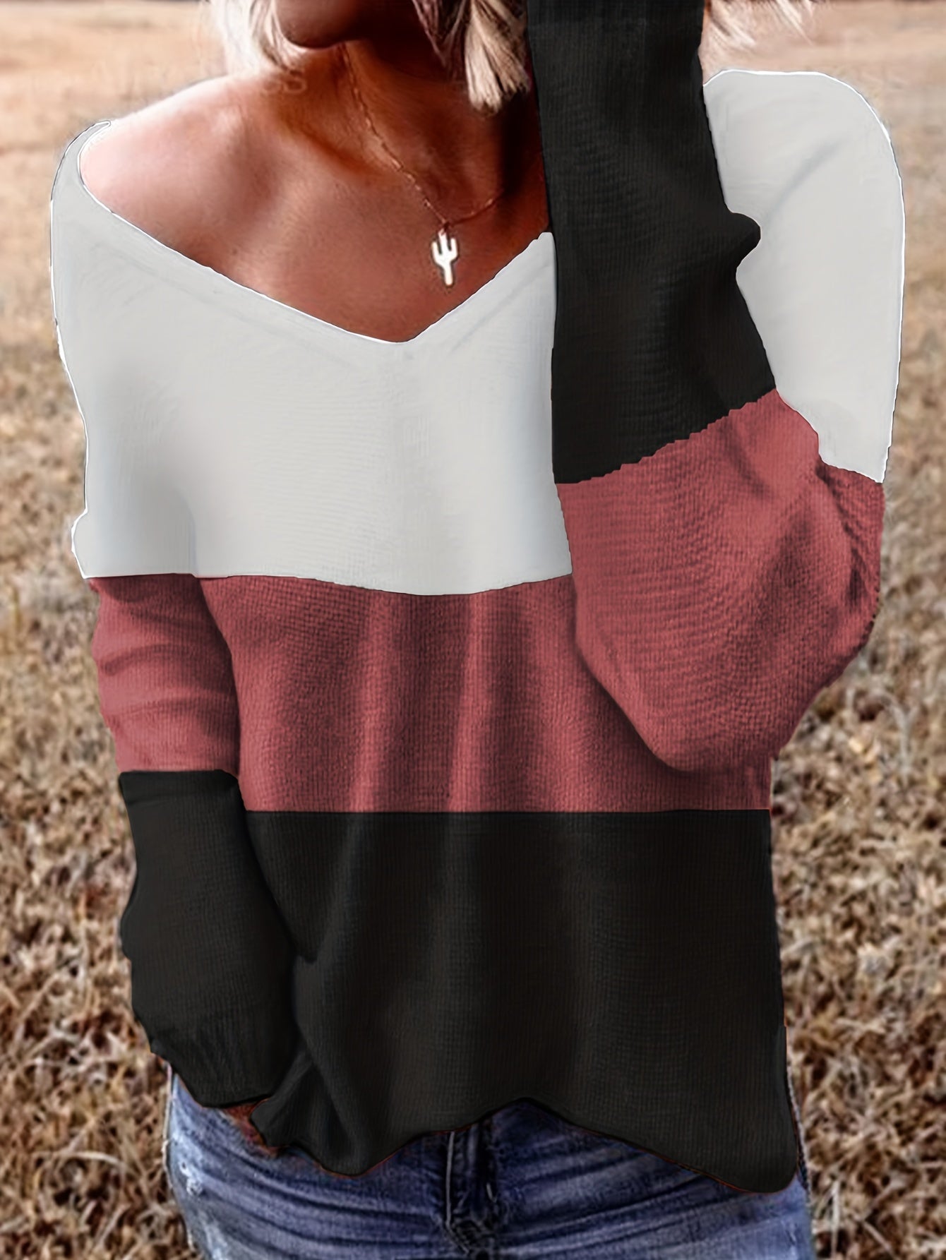 V Neck Slit Sweater Long Sleeve Women's Pullover