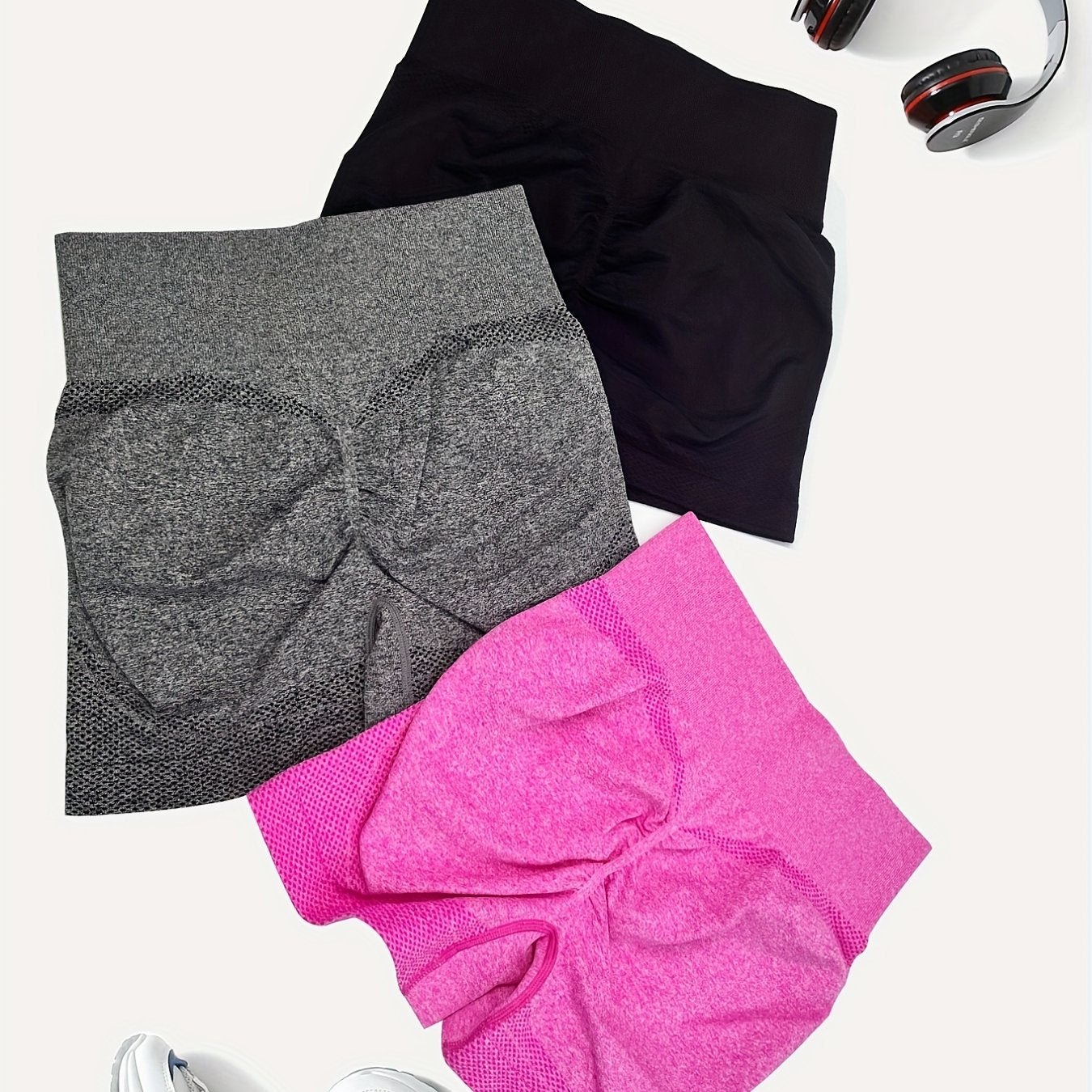 3pcs Seamless Yoga Sports Set High Waist Shorts Tummy Control
