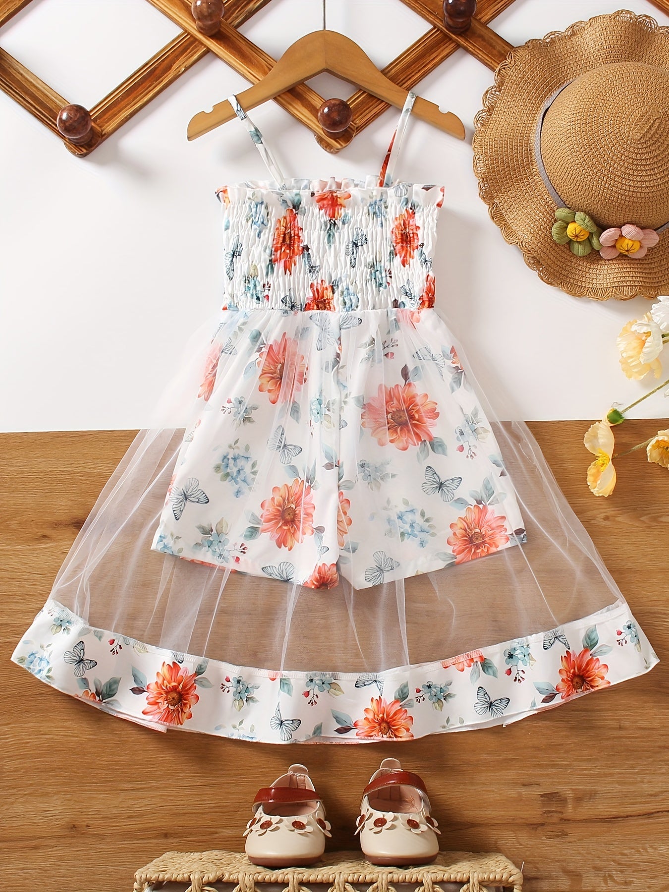 Toddler Girls Flowers Graphic Frill Trim Shirred Mesh Spliced Cami Rompers