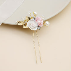 Ceramic Rose Faux Pearl Hairpin Golden Bridal Wedding Party Decor