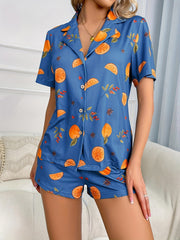 Fruit Print Lounge Set Short Sleeve & Elastic Waist Shorts