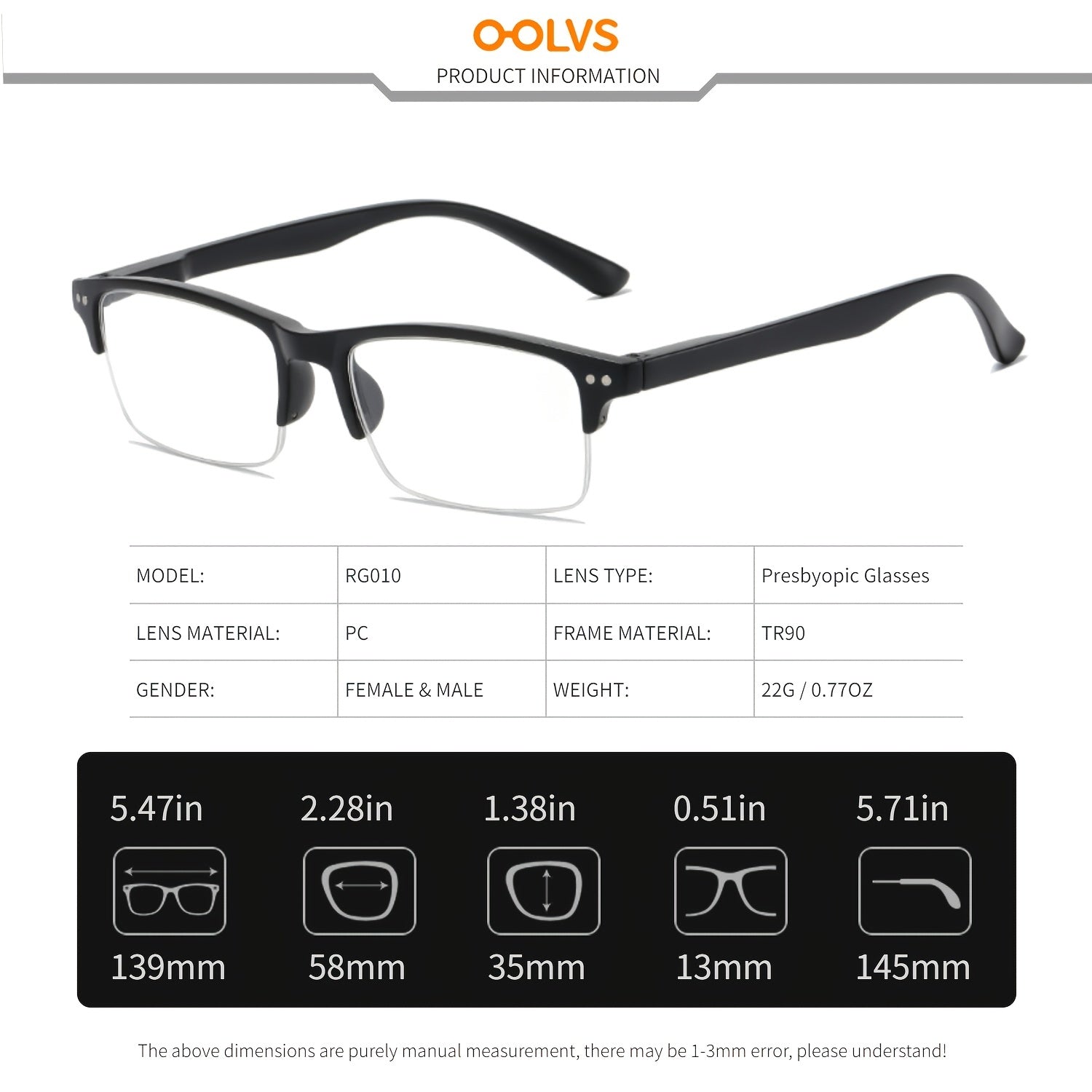 OOLVS Half Frame Anti Light Presbyopic Glasses Men Women