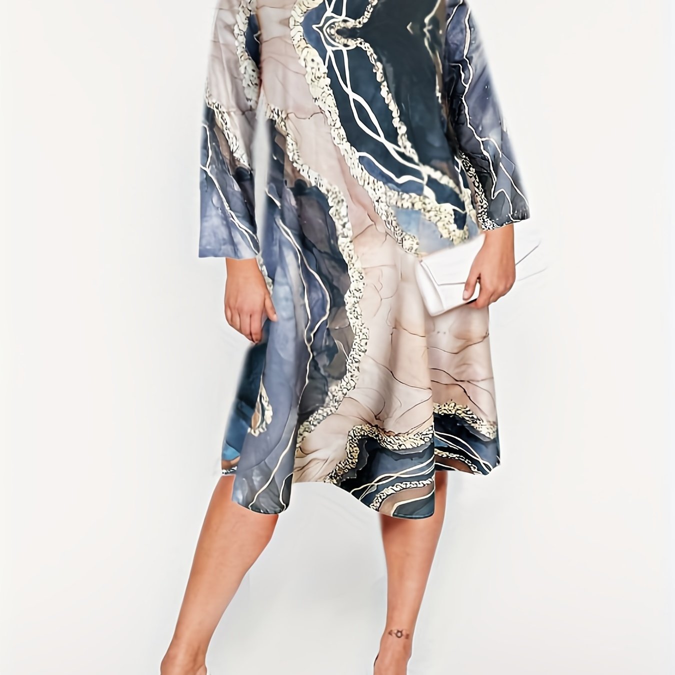 Plus Marble Print Long Sleeve Round Neck Midi Dress