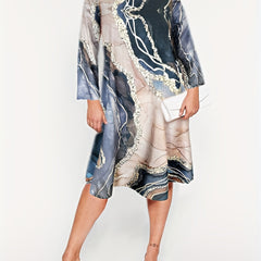 Plus Marble Print Long Sleeve Round Neck Midi Dress