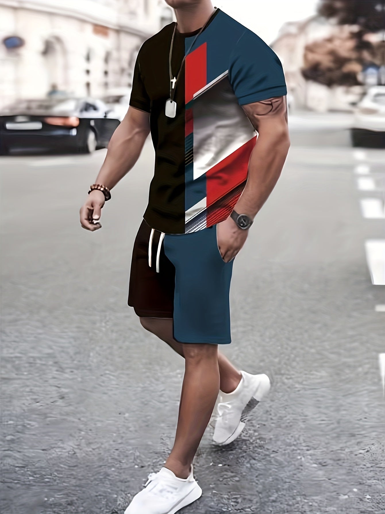 Men's 2 Piece Outfits Block T-shirt & Drawstring Shorts Set
