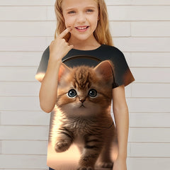 3D Kitten Graphic Short Sleeve T shirt Girls Summer Tops