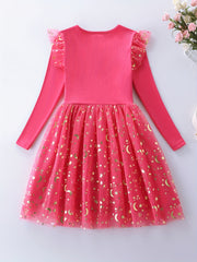 Girls' Sun & Moon Sequins Long Sleeve Princess Dress with Unicorn Embroidery