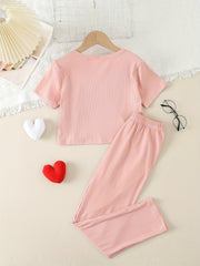 Girls 2pcs Outfits Solid Stripe Print T Shirt & Long Pants