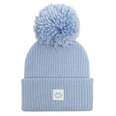 Kids Winter Beanie Knitted Hat Warm Smiling Face Graphic Cap With Pom Pom