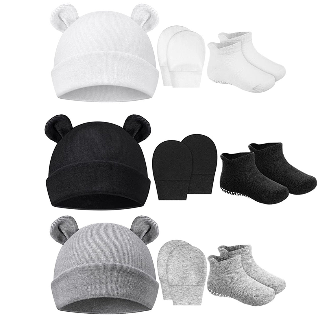 3 Piece Baby Outfit Set Ears Hat Mittens Non Slip Socks Soft Cotton Material