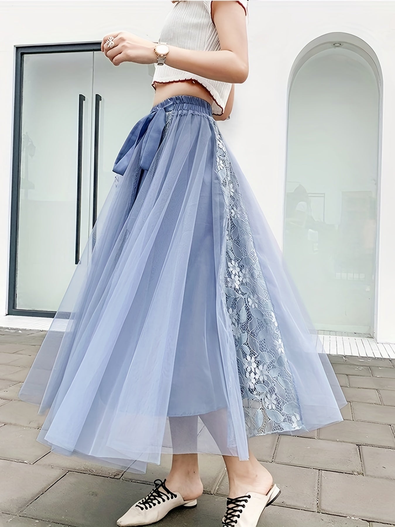 Lace Pleated Maxi Skirt with High Waist