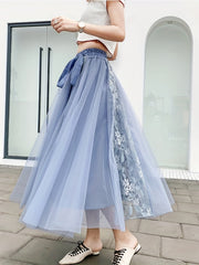Lace Pleated Maxi Skirt with High Waist