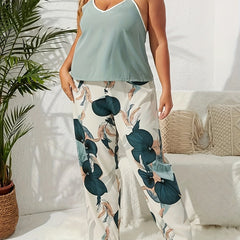 V Neck Cami Top & Tropical Print Pants Set