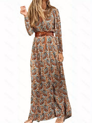 Paisley Print V Neck Dress Boho Long Sleeve High Waist Maxi Dress