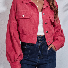 Ribbed Corduroy Cropped Jacket with Lantern Sleeves