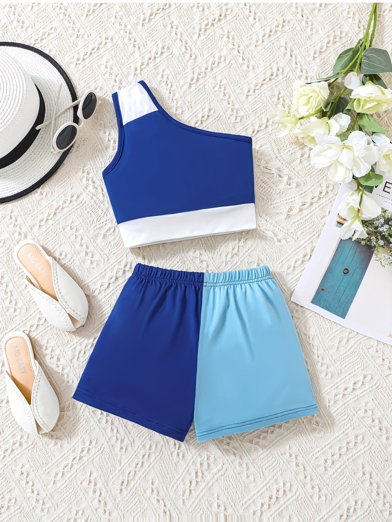 Girls Patchwork One Shoulder Top & Shorts Set For Kids Summer
