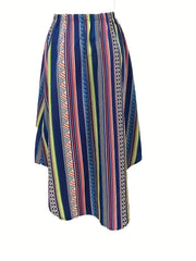 Boho Maxi Skirt Women's Tribal Striped Elastic Waist Pleated