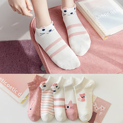 5 Pairs Pink Cat Print Short Socks Soft Lightweight Low Cut Ankle Socks
