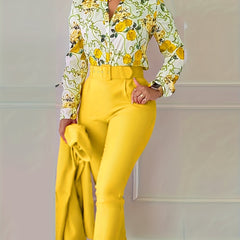 Floral Print V Neck Blouse & Tapered Pants Set