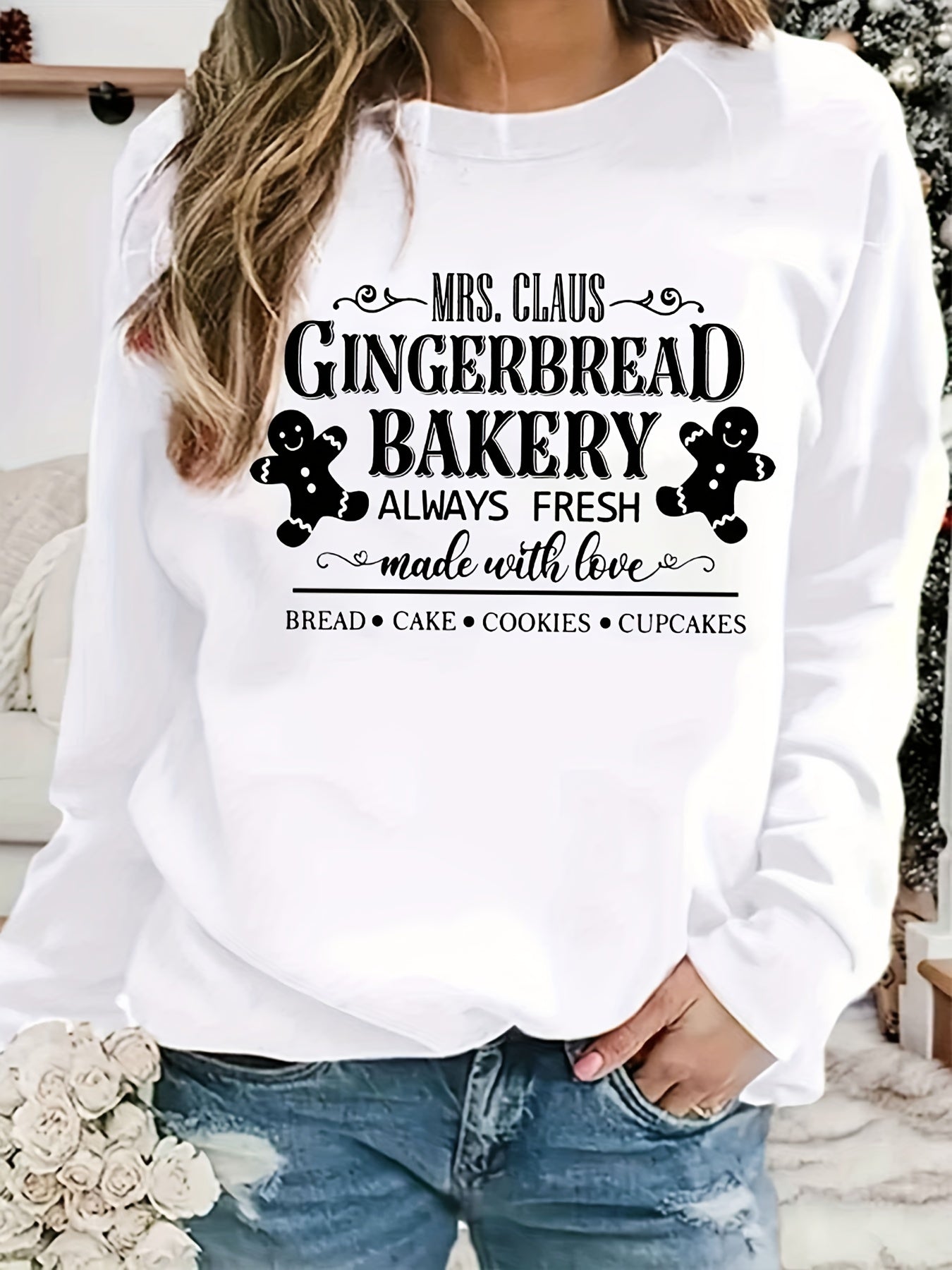 Gingerbread Bakery Sweatshirt Long Sleeve Crew Neck Women's Clothing