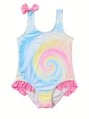 Girls Gradient Tie Dye Ruffle Trim Swimsuit