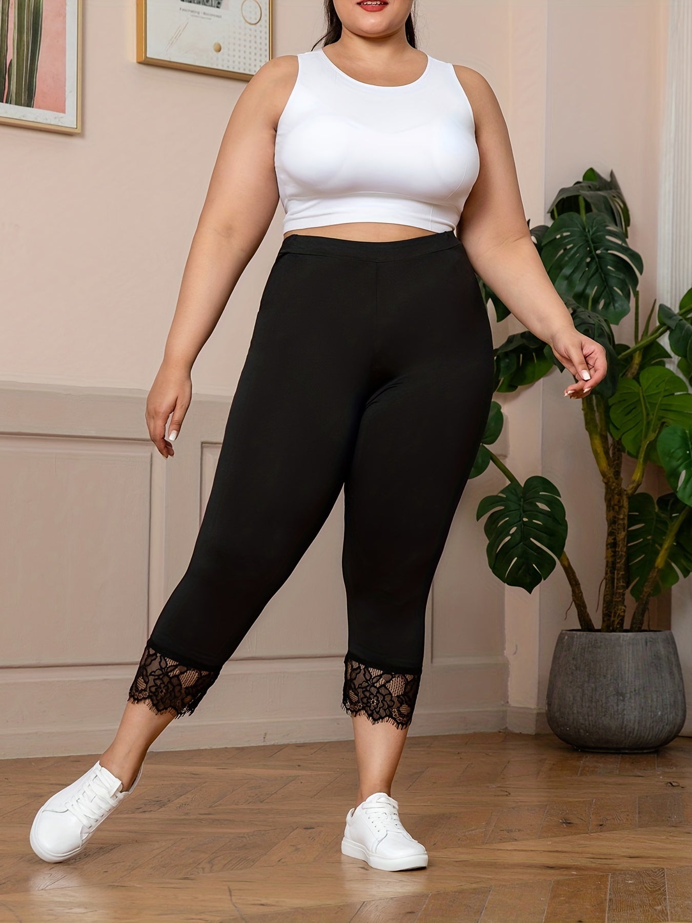 Solid Contrast Lace Trim Skinny Leggings