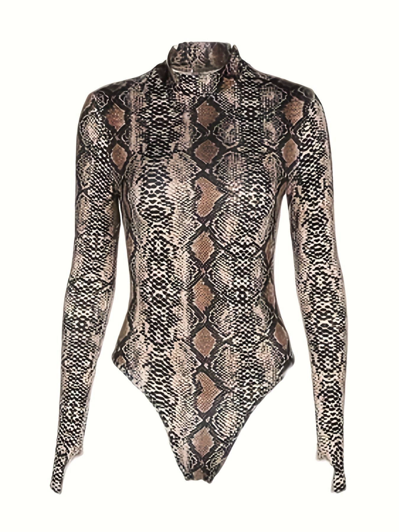 Snakeskin Print Mock Neck Bodysuit Sexy Long Sleeve One Piece Bodysuit