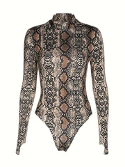 Snakeskin Print Mock Neck Bodysuit Sexy Long Sleeve One Piece Bodysuit