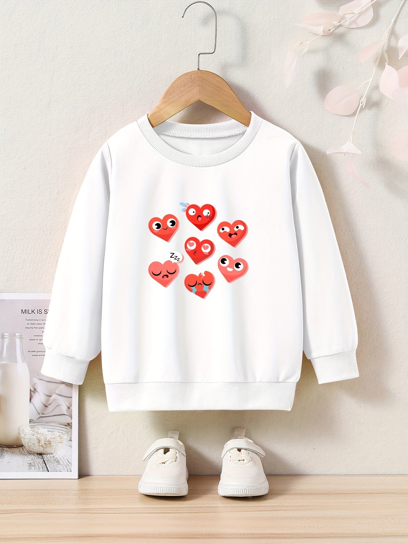 Hearts Print Girls Casual Pullover Sweatshirt Long Sleeve Crew Neck Tops