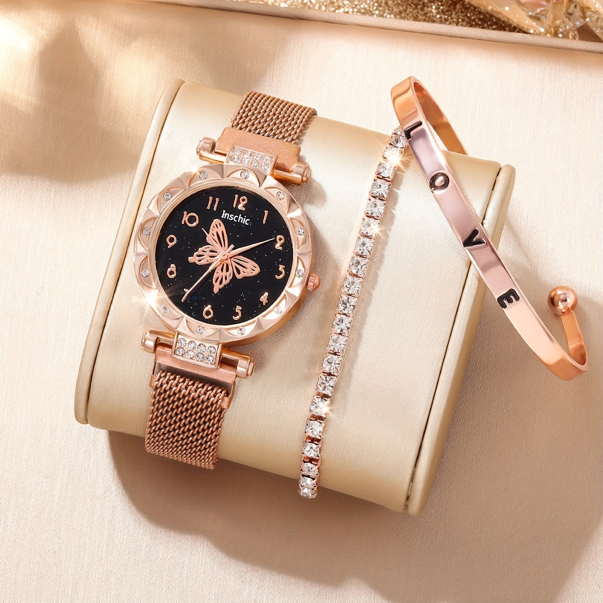 Flower Rhinestone Quartz Watch & Rhinestone Love Jewelry Set