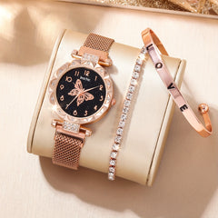 Flower Rhinestone Quartz Watch & Rhinestone Love Jewelry Set