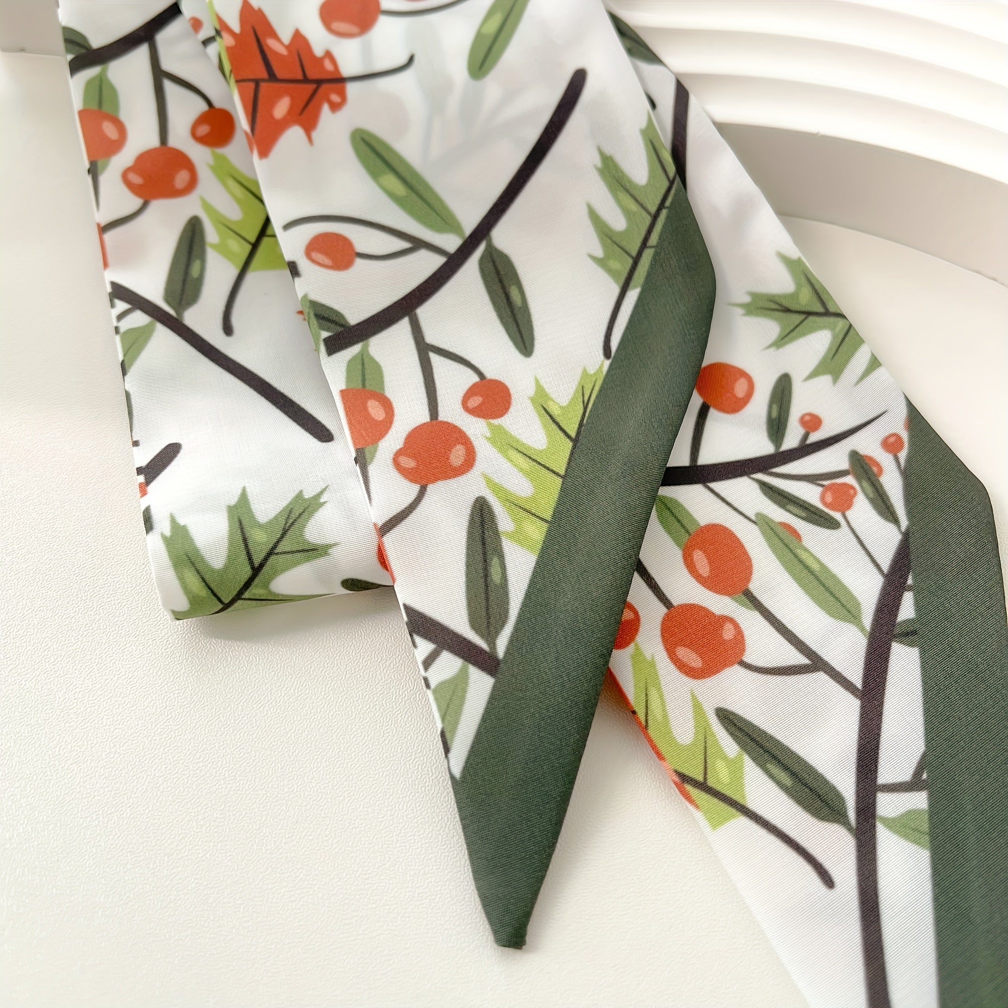 Green Fruit Tree Print Skinny Scarf Silky Ribbon Long Neckerchief