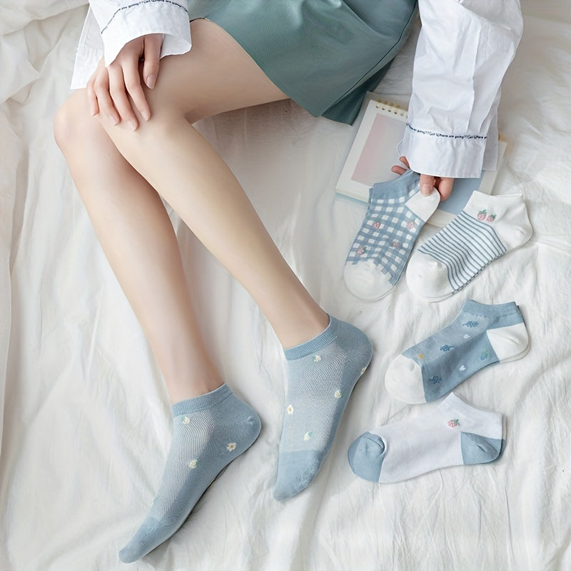 5 Pairs Girls Kids Cartoon Flower Socks Thin Breathable Low Cut Ankle Socks