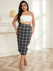 Women's Plus Plaid Print High Rise Slim Fit Midi Skirt