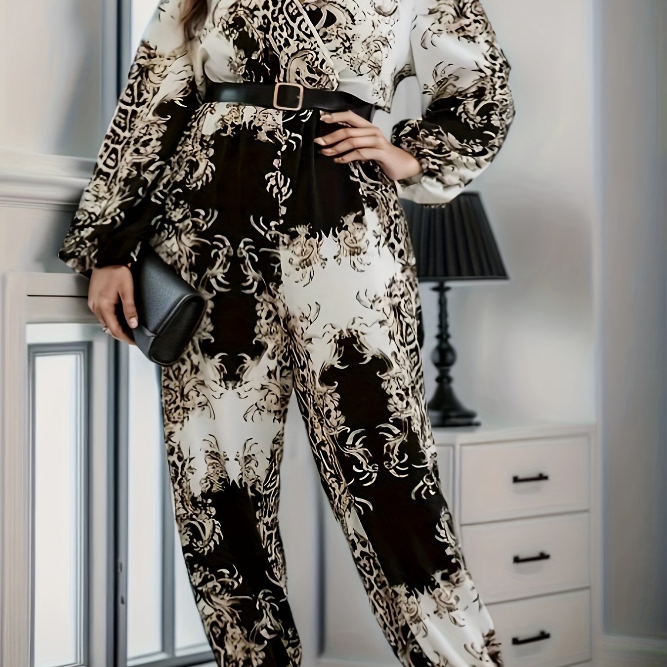 Baroque Print Lantern Sleeve Jumpsuit