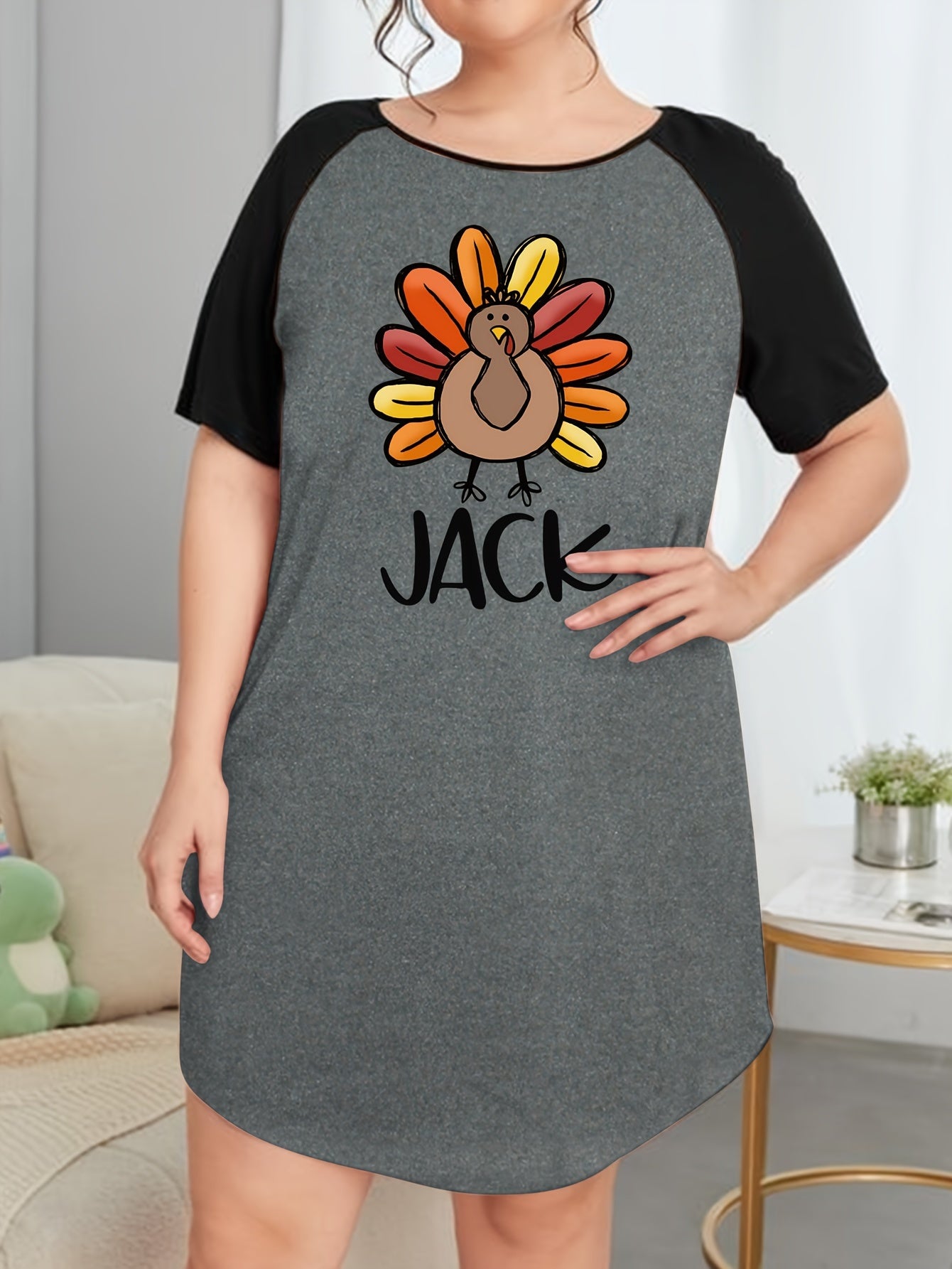 Casual Turkey & Letter Print Raglan Sleeve Tee Sleep Dress