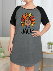 Casual Turkey & Letter Print Raglan Sleeve Tee Sleep Dress