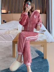 Heart Print Fuzzy Lounge Set Zipper Hooded Top & Elastic Waistband