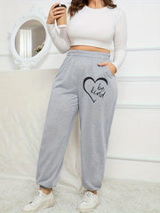 Women's Plus Size Sporty Pants Heart & Slogan Print Elastic Waist