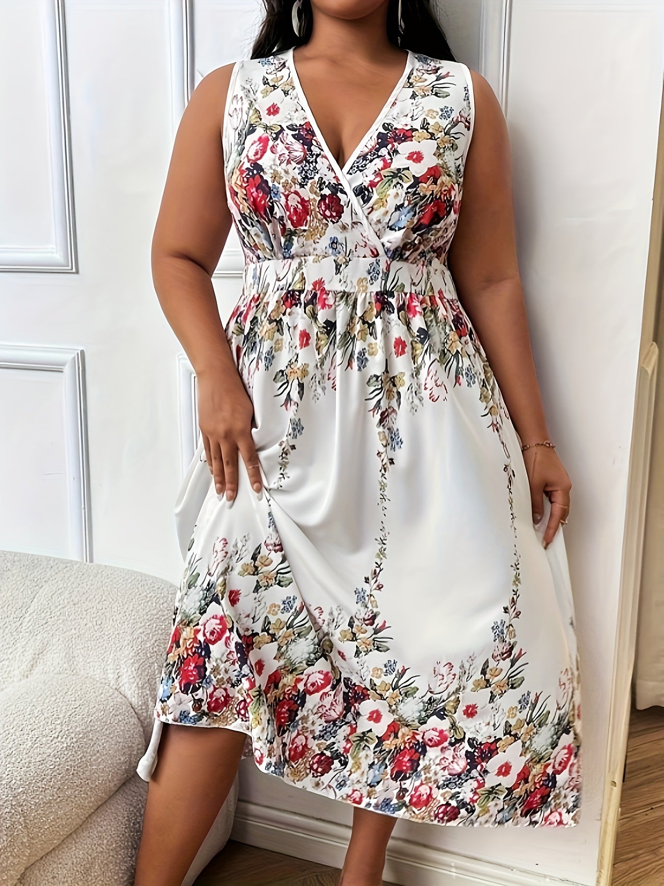 Plus Floral Print Surplice Neck Midi Tank Dress