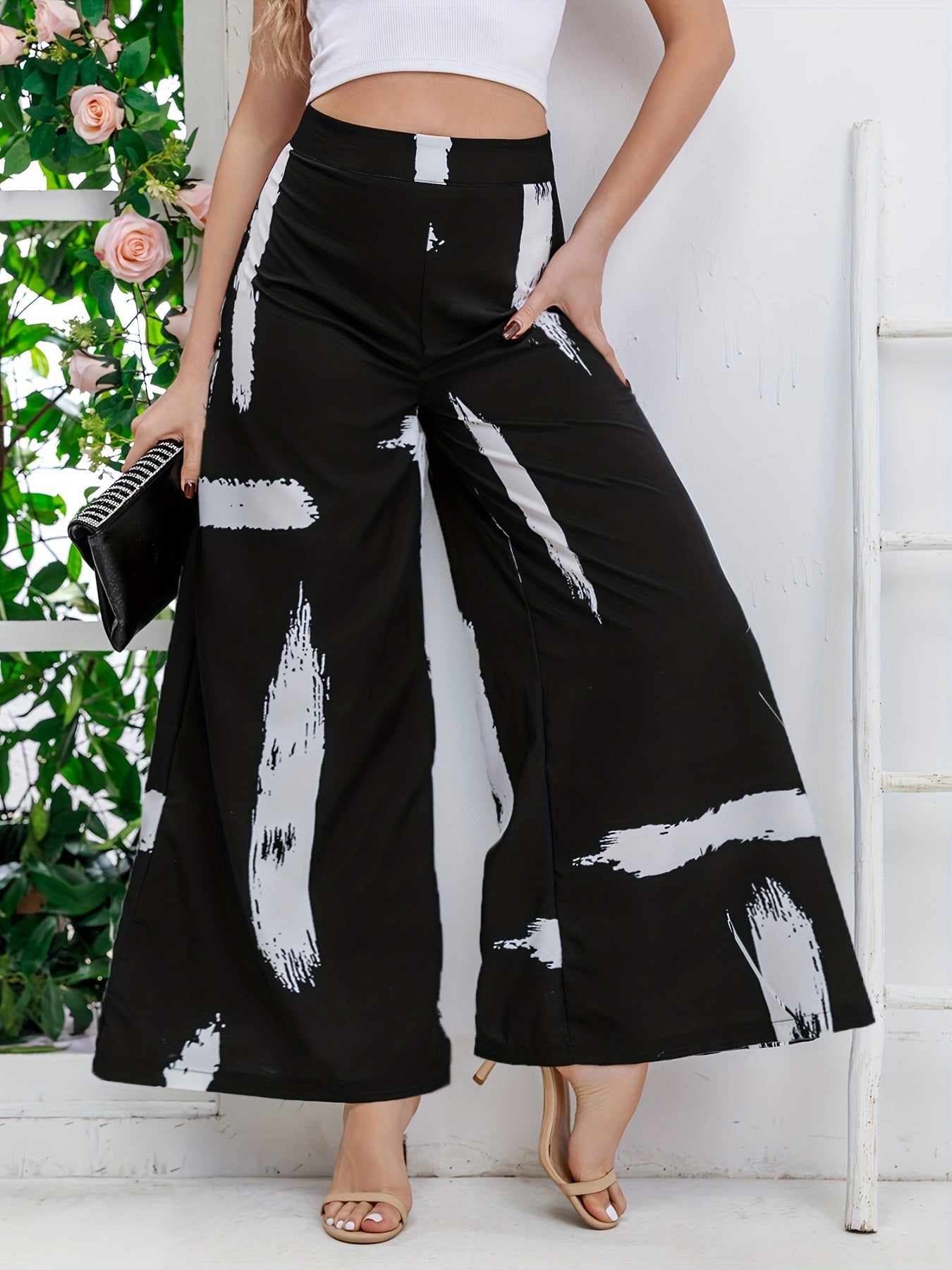 Random Print Wide Leg Pants High Waist Casual