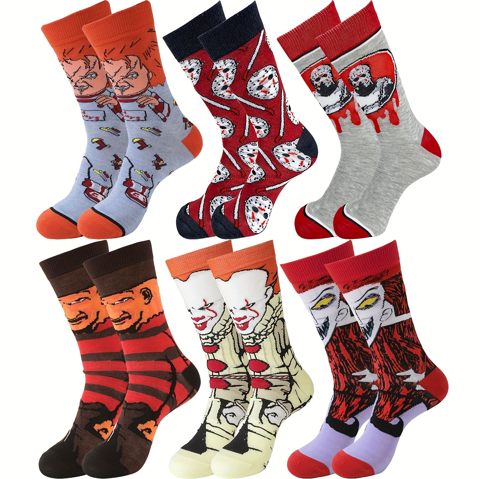 6 Pairs Boys Horror Cartoon Anime Crew Socks Cotton Blend Breathable Mid Tube